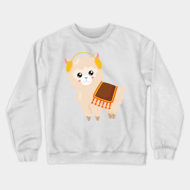 Autumn Llama, Cute Llama, Cute Alpaca, Ear Muffs Crewneck Sweatshirt by Jelena Dunčević